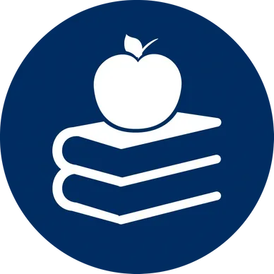 A blue circle with an apple on top of books.