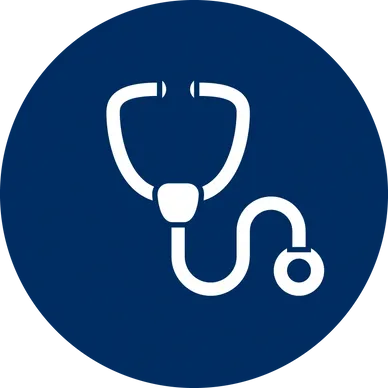 A stethoscope is shown on the side of a blue circle.