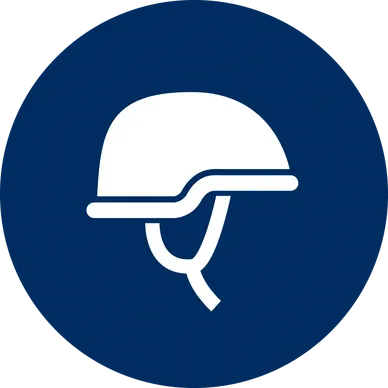 A helmet is shown on the side of a blue background.