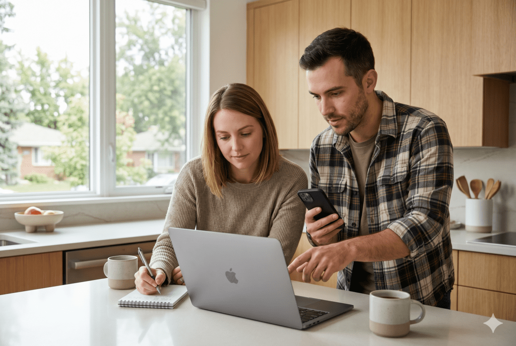 First-time home buyers in a south Denver suburb comparing lender options carefully before getting pre-approved