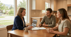 Realtor in Denver Colorado meeting with first-time buyer couple to plan their home buying strategy.