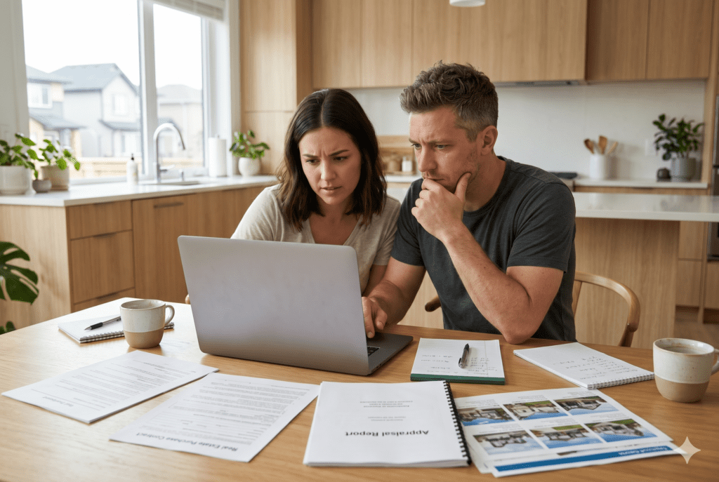 First-time home buyers in a south Denver suburb reviewing their three options after a low appraisal during their under-contract period.