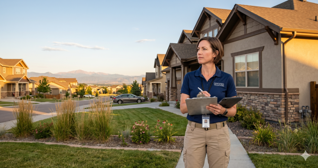 Licensed appraiser evaluating a single-family home in a south Denver suburb during the contract appraisal period.