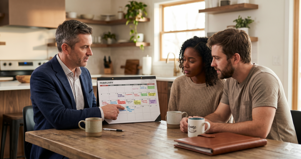 Realtor in Denver Colorado walking first-time buyers through their real estate contract deadline calendar.