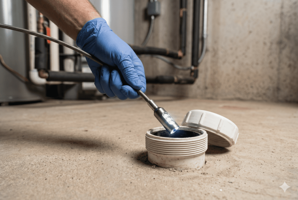 Sewer scope inspection in a Centennial Colorado home revealing a partially collapsed clay sewer line during the inspection period