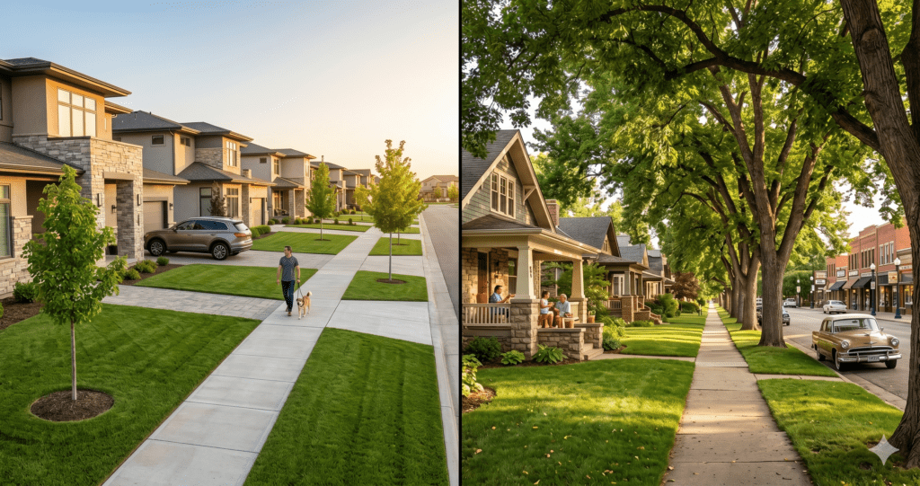 Side-by-side comparison of Centennial and Littleton Colorado suburban streets showing the different characters of each city for relocating families.