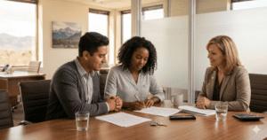 First-time home buyers signing closing documents at a Denver-area title company on closing day with their Realtor present.