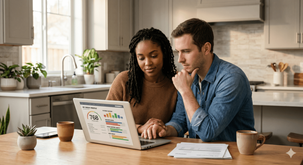 First-time home buyer couple in Denver Colorado reviewing their credit score before applying for a mortgage