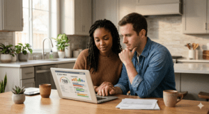 First-time home buyer couple in Denver Colorado reviewing their credit score before applying for a mortgage