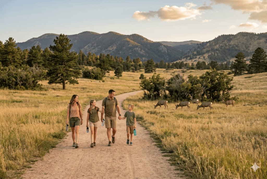 Family walking on a trail in the Backcountry Wilderness Area of Highlands Ranch Colorado with the foothills in the background.