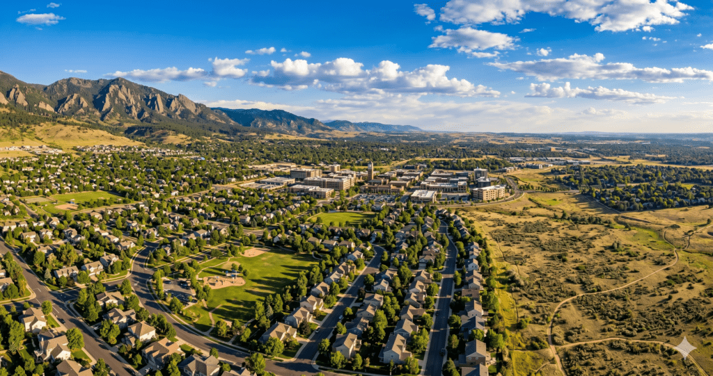 Aerial view of Highlands Ranch Colorado in summer showing residential neighborhoods, the central Town Center, and the Front Range foothills in the background.