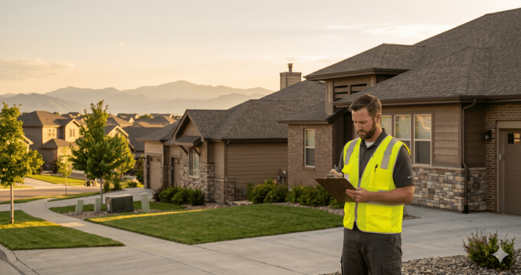 Home inspector reviewing the exterior of a single-family home in a Denver-area suburb during the inspection period.