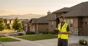 Home inspector reviewing the exterior of a single-family home in a Denver-area suburb during the inspection period.