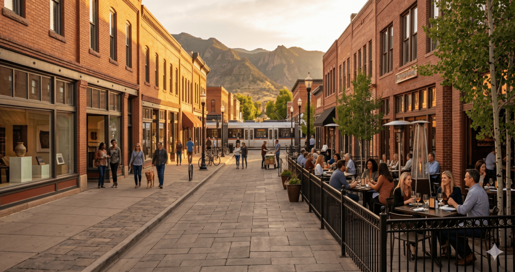 Walkable historic downtown Littleton Colorado at golden hour with brick storefronts and foothills visible in the background.