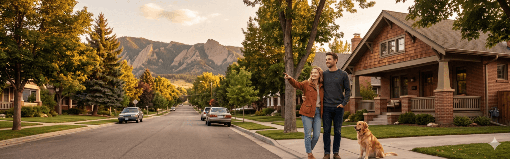 Couple relocating to Colorado standing on a residential Littleton street with foothills views and a single-family home behind them.