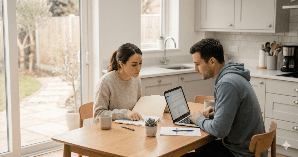 First-time home buyer couple reviewing mortgage pre-approval documents at kitchen table in Denver Colorado.