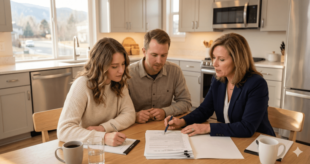 Realtor walking first-time buyers through their Colorado real estate contract during the under-contract period