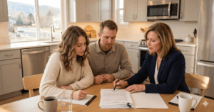 Realtor walking first-time buyers through their Colorado real estate contract during the under-contract period